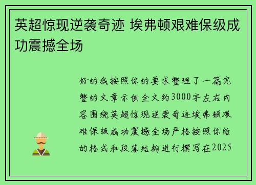 英超惊现逆袭奇迹 埃弗顿艰难保级成功震撼全场